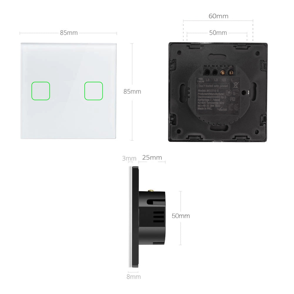 Interruptor de toque luminoso Maclean Double Step Cross branco com iluminação de botão quadrado 86x86mm MCE712W