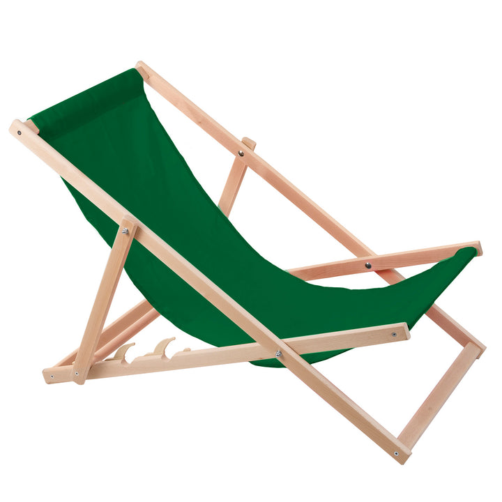 Confortável espreguiçadeira de madeira na cor verde, ideal para praia, varanda, terraço