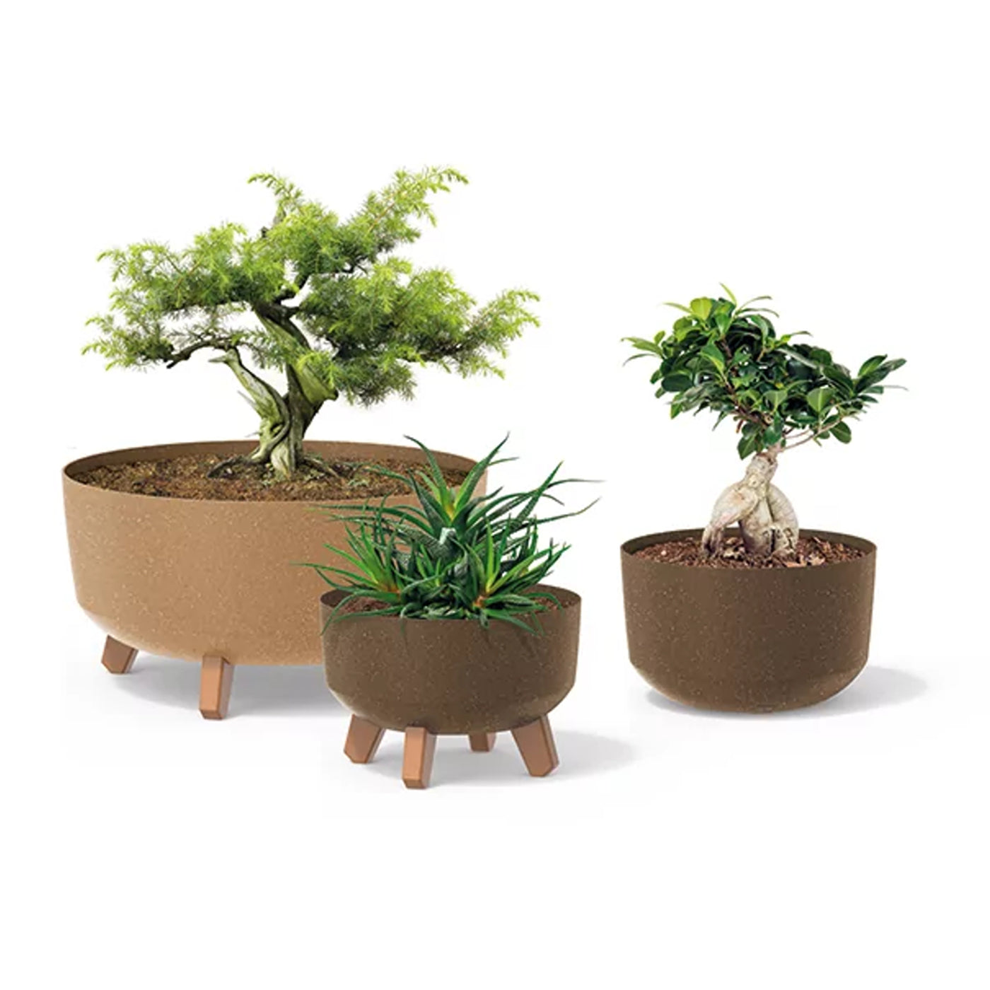 Maceta baja de madera ecológica con patas desmontables incl. inserto para uso interior y exterior Jardinera redonda de plástico resistente a los rayos UV 285mm, ECO Café