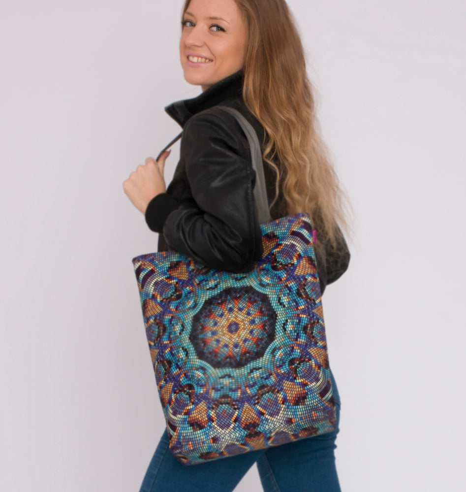 Bolsa de ombro Sunny com zíper shopper feminina 36x40 cm (cabe em A4) bolsa de tecido com motivo Barcelona