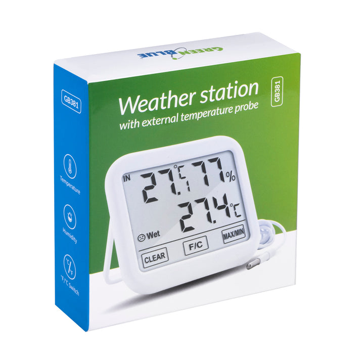 Estação meteorológica GreenBlue com sonda externa de 1,5 m, comprimento de cabo de 1,5 m, bateria 2xAA, GB381