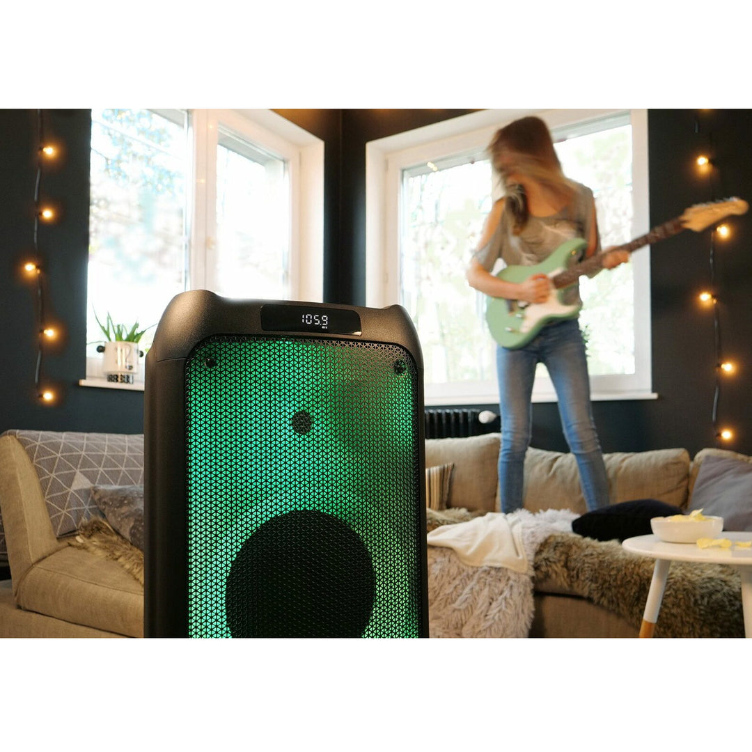 Partybox portátil alto-falante bluetooth com função de karaokê entrada guitarra tws rádio aux usb microsd controle remoto led iluminação discoteca