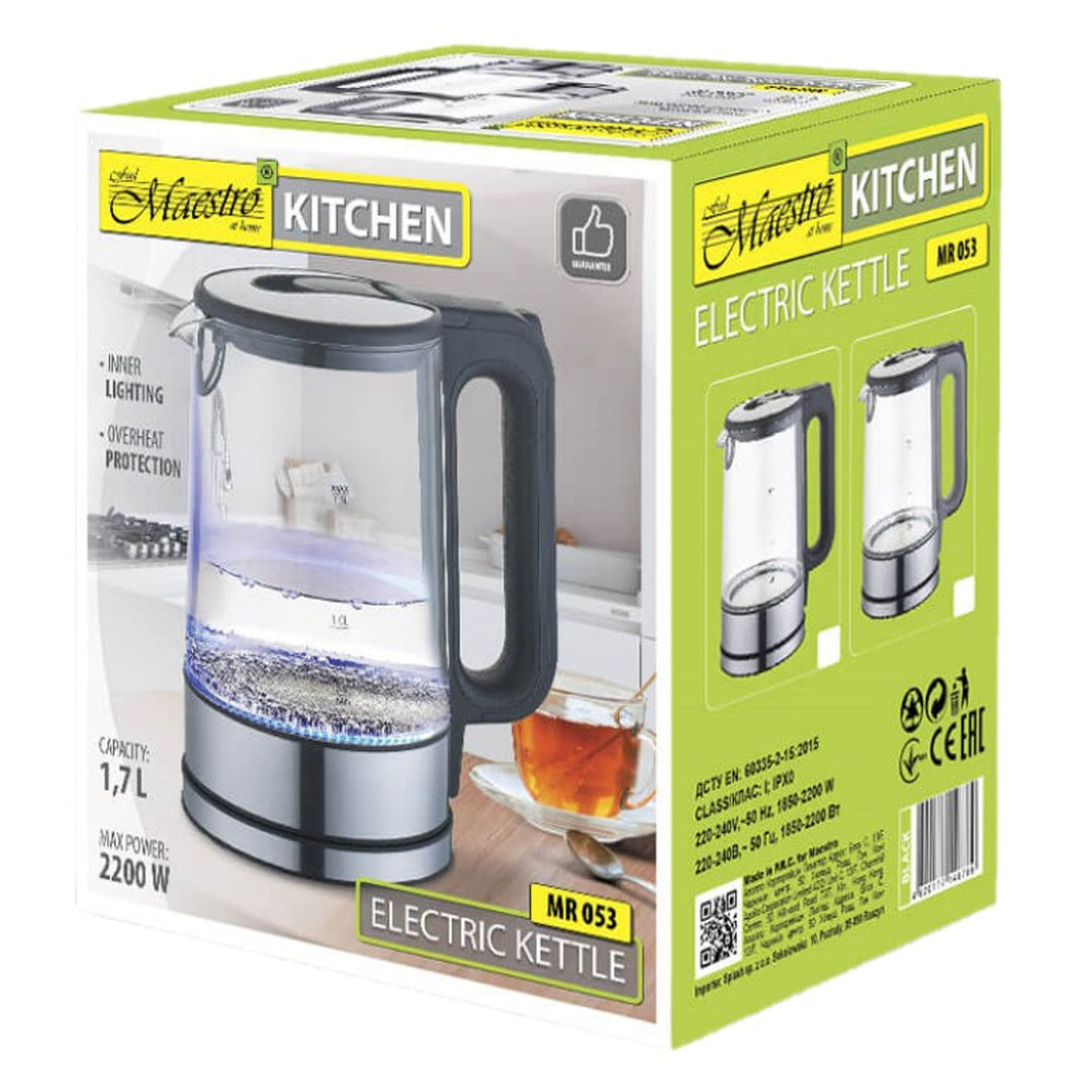 Chaleira elétrica sem fio MAESTRO MR-053 1.7L com tampa de vidro; Aço inoxidável iluminado 2200W