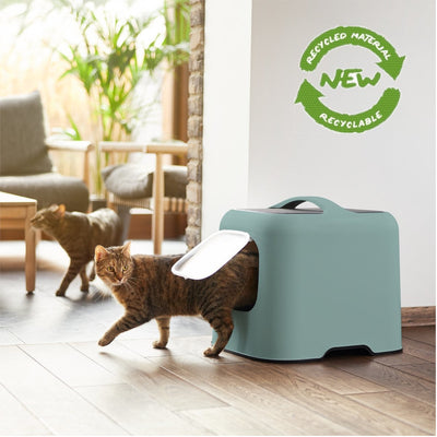 Caja de arena para gatos MyPet Biala con capucha y pala, de plástico reciclado verde oscuro