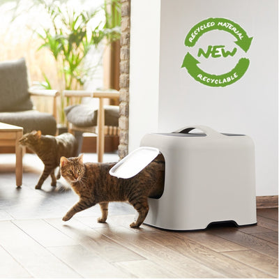 Caja de arena para gatos MyPet Biala con tapa y pala, de plástico reciclado Cappuccino