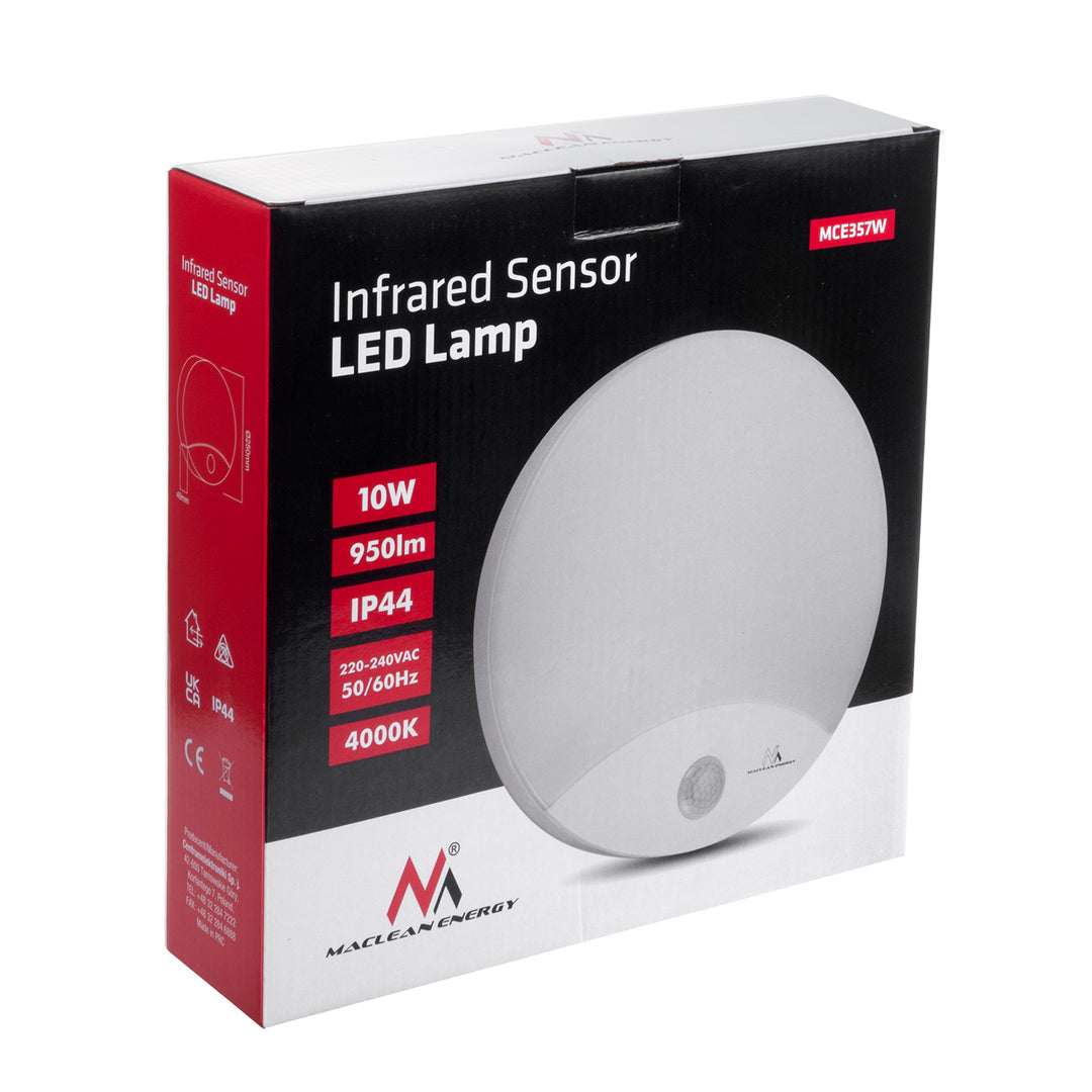 Detector de movimiento Maclean Lámpara LED, infrarrojos, blanca, 10W, IP44, blanco natural (4000K), 900lm, MCE357 W