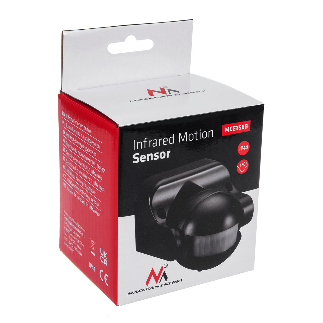 Maclean MCE358 B Sensor de Movimiento por Infrarrojos Sensor PIR de 180° con Sensor Crepuscular Infrarrojo IP44 | Uso en Interiores y Exteriores | Alcance hasta 12 m | Carga 300/1200W