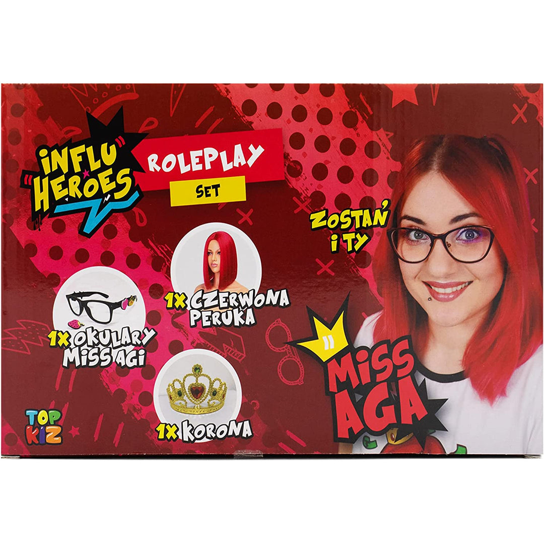 Influ Heroes Miss Aga kit de vestir peruca, coroa, óculos