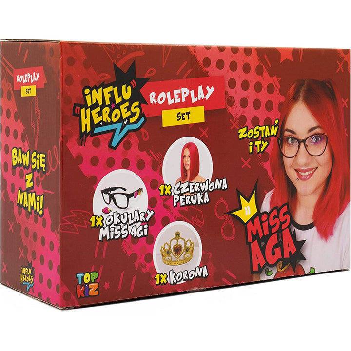 Influ Heroes Miss Aga kit de vestir peruca, coroa, óculos