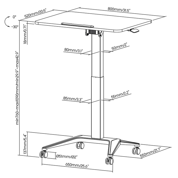 Maclean MC-453W Mesa Escritorio para Portátil, Ajuste Neumático de Altura, 80x52cm, 8kg máx, 109cm h, Color Blanco