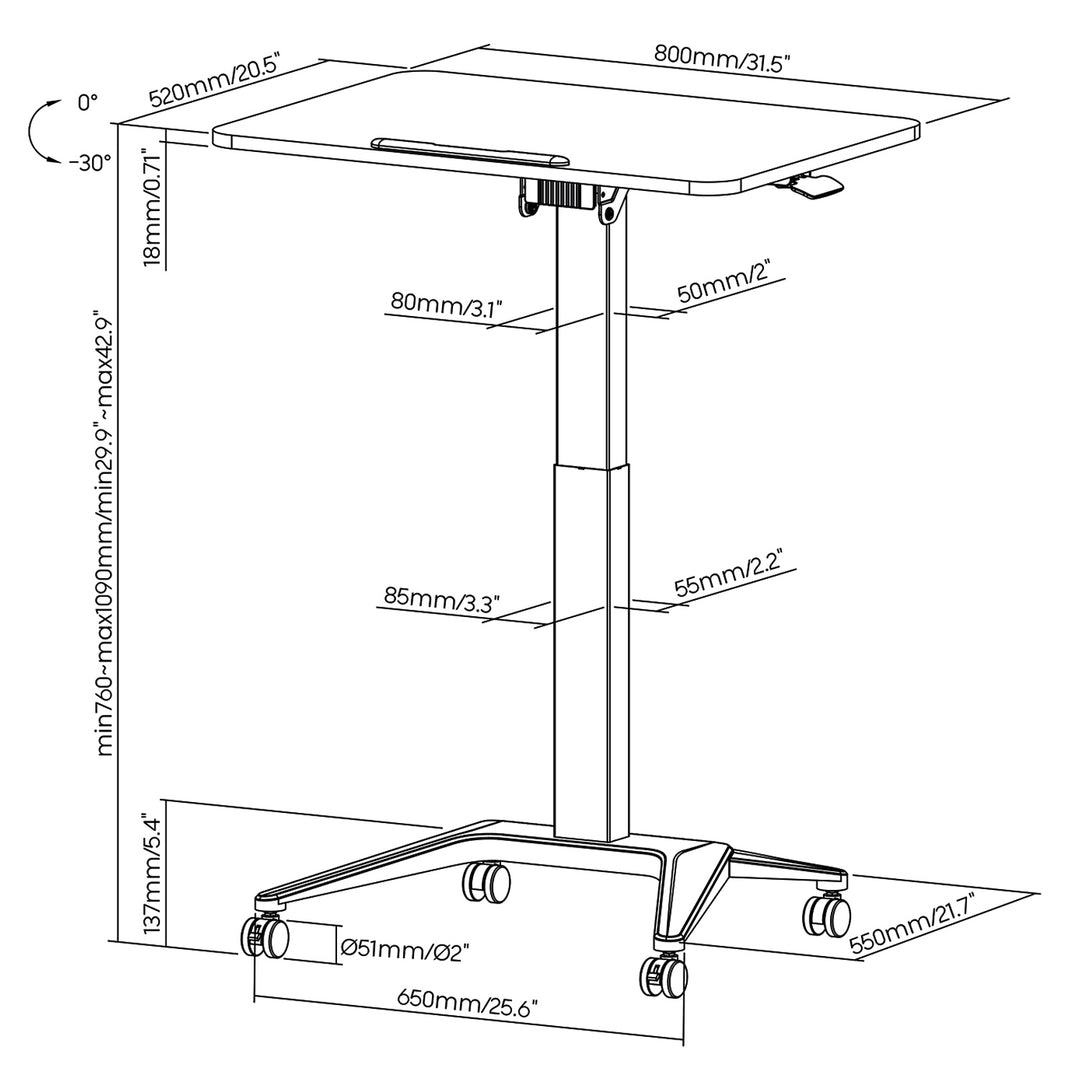 Maclean MC-453B Mesa Escritorio para Portátil, Ajuste Neumático de Altura, 80x52cm, 8kg máx, 109cm h, Color Negro