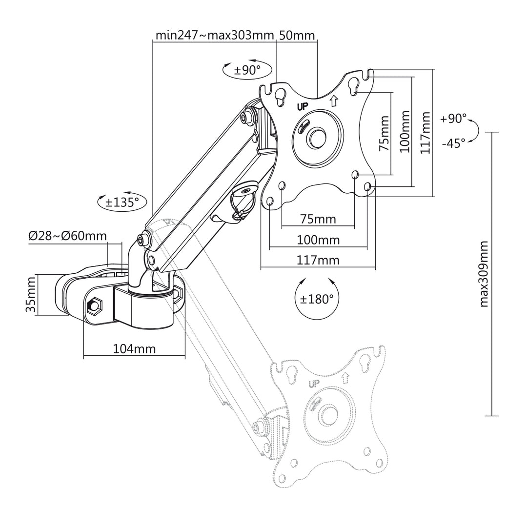 Maclean MC-459 Soporte de Monitor para Tubo/Poste 28-60mm, 17-27'', 7kg máx, Resorte de Gas