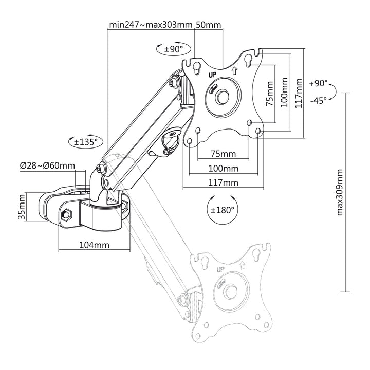 Maclean MC-459 Soporte de Monitor para Tubo/Poste 28-60mm, 17-27'', 7kg máx, Resorte de Gas