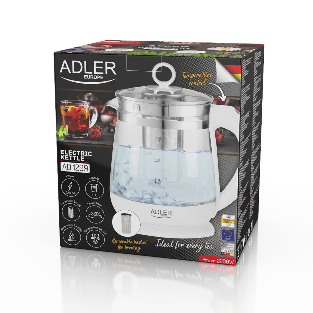 Chaleira de vidro de 1,5 L com cafeteira e controle de temperatura Adler AD 1299