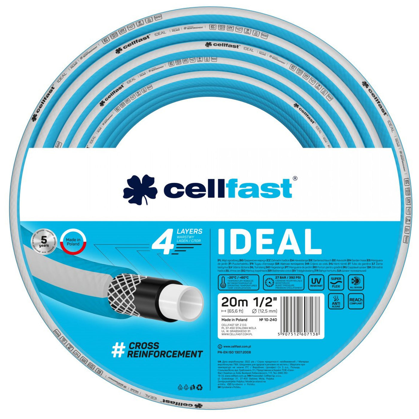 CELLFAST IDEAL Manguera de Jardín Manguera Super Flexi Manguera de 4 Capas 10-240 1/2 pulg. 20m