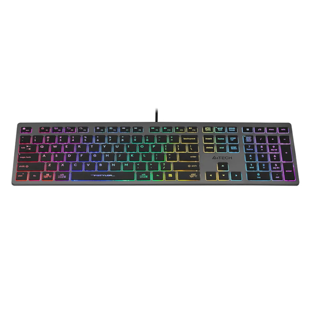 Teclado para jogos A4Tech FX60H QWERTY 12 teclas de navegação multimídia 2 portas USB Plug &amp; Play Porta USB com cabo de 1,5 m de comprimento (luz de fundo neon)