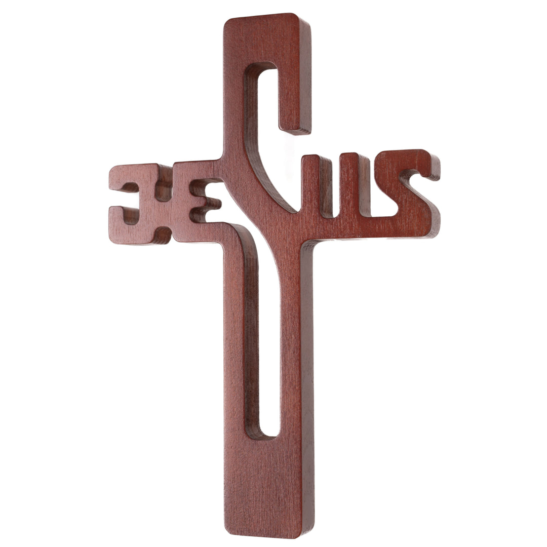 Cruz colgante de madera inscripción JESÚS marrón 22x14x1,6cm