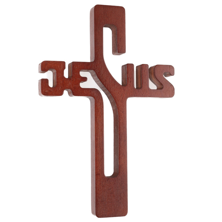 Cruz colgante de madera inscripción JESÚS marrón 22x14x1,6cm