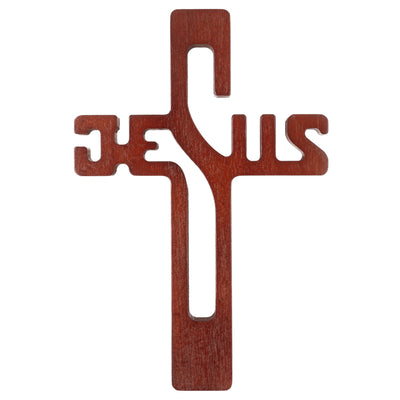 Cruz em madeira com inscrição JESUS, castanho, 22x14x1,6cm