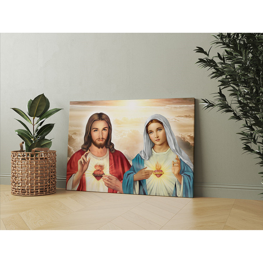 Pintura em tela Coração de Jesus Coração de Maria (60x90 cm)