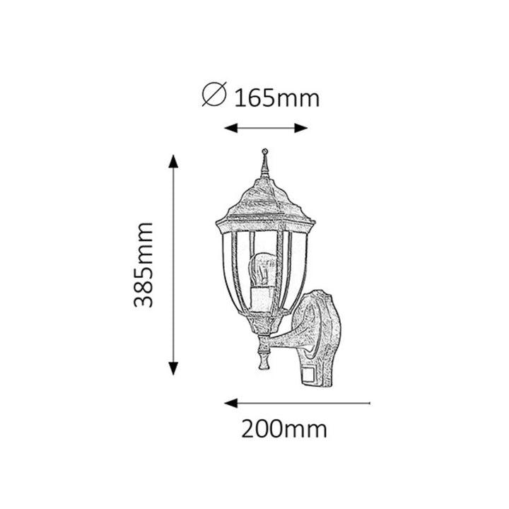 Aplique Nizza da Rabalux em ouro antigo com sensor de movimento e crepúsculo. Rosca E27, potência 60 W, grau de proteção IP43.