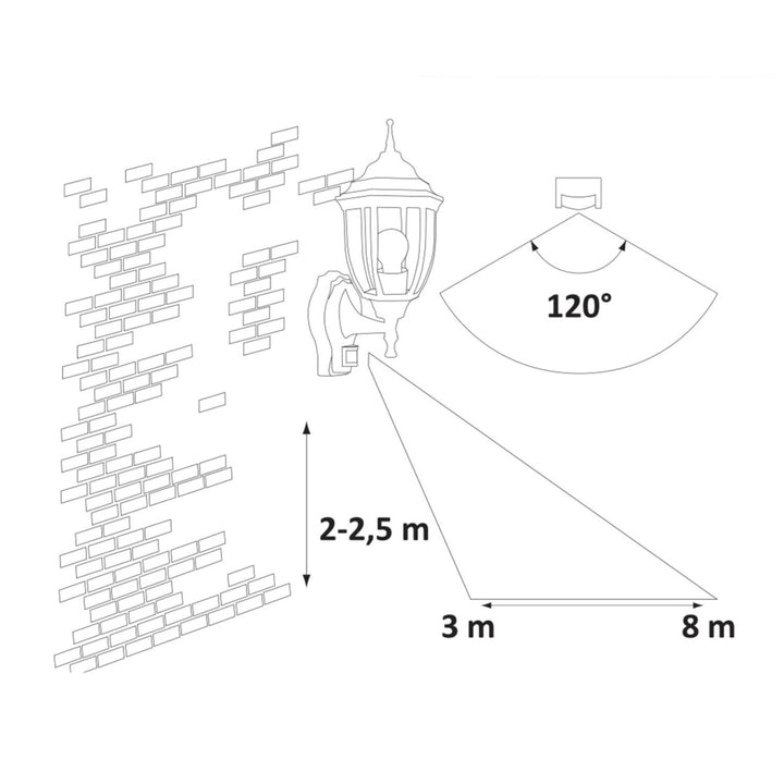 Aplique Nizza da Rabalux em ouro antigo com sensor de movimento e crepúsculo. Rosca E27, potência 60 W, grau de proteção IP43.