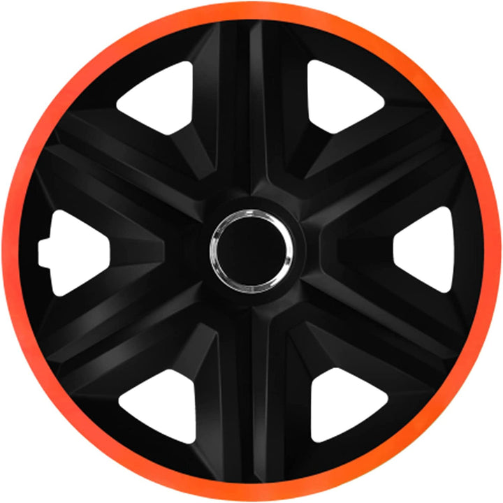 NRM Fast Lux tapacubos para llantas de acero Juego de 4 tapacubos para coche Vehículo Automóvil Apto para la mayoría de marcas y llantas Plástico ABS (Negro/Naranja, 15")