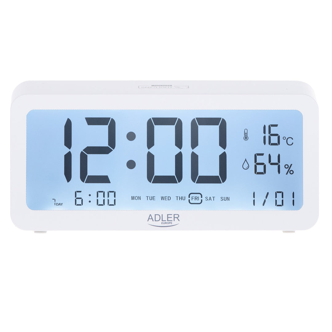 Reloj despertador a pilas Adler, blanco, AD1195w con iluminación