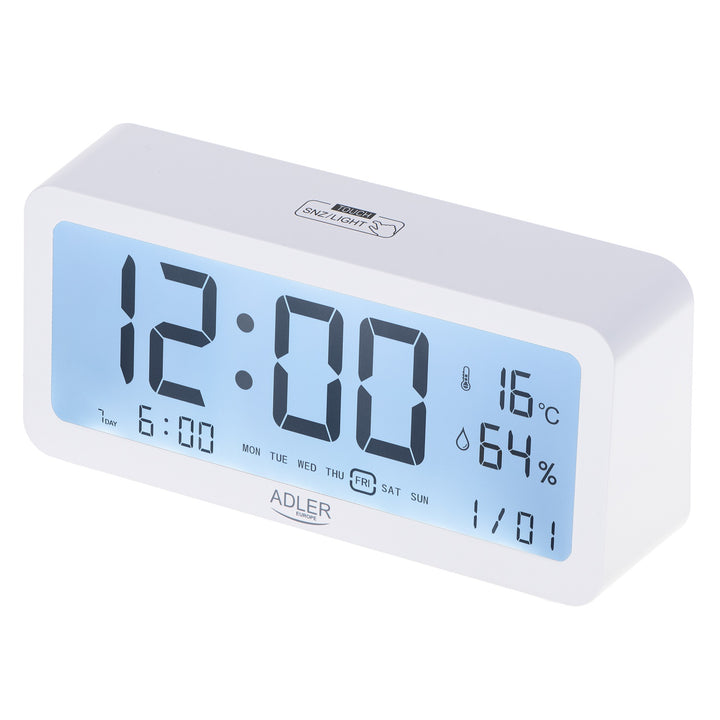 Reloj despertador a pilas Adler, blanco, AD1195w con iluminación