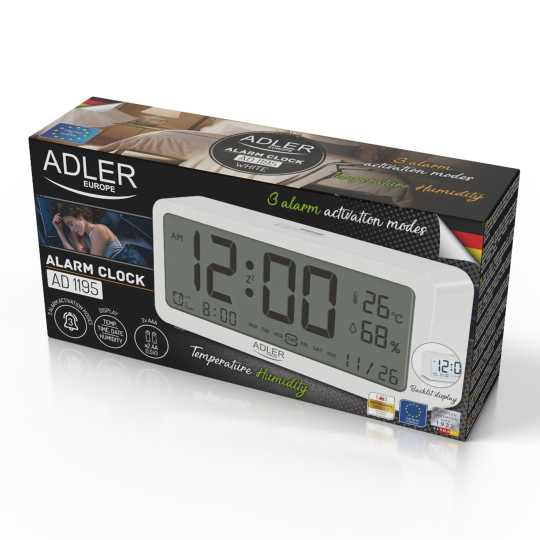 Reloj despertador a pilas Adler, blanco, AD1195w con iluminación