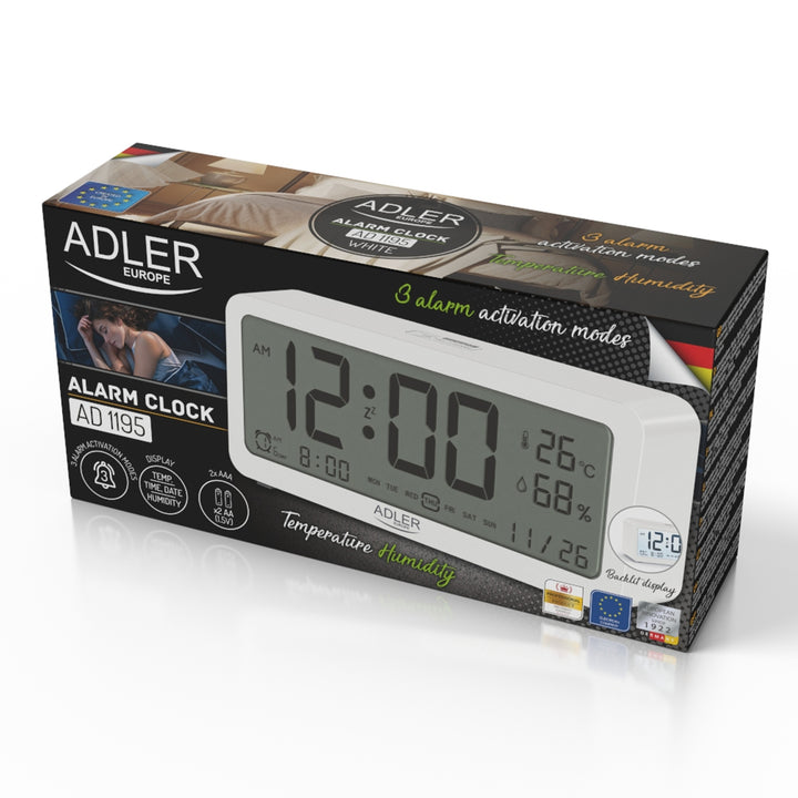 Reloj despertador a pilas Adler, blanco, AD1195w con iluminación