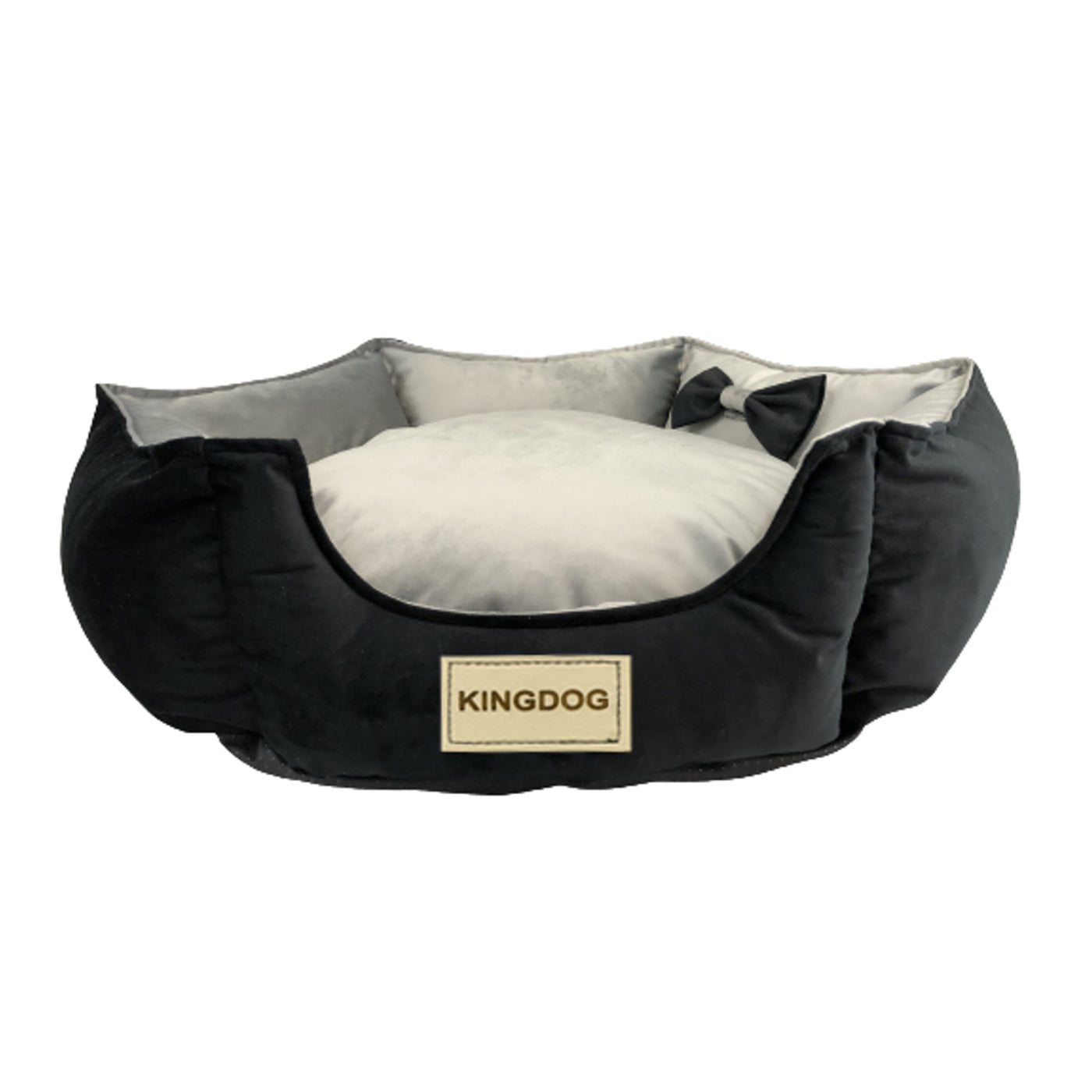 Cama de veludo para cães KingDog Prestige Cama para animais de estimação com capa removível e base antiderrapante Cesta para cães Cama de veludo hexagonal (diâmetro: 50 cm, preto/cinza)