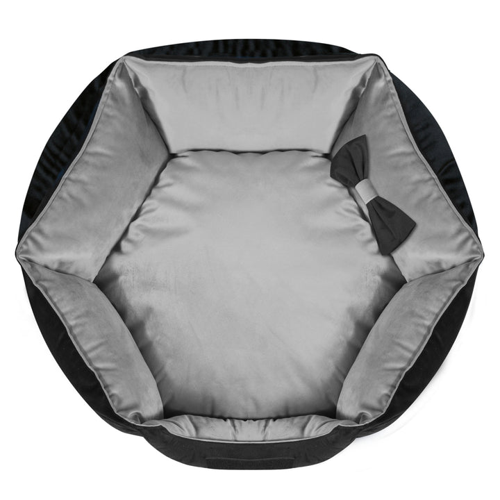 KingDog Prestige Cama de Terciopelo para Perros Cama para Mascotas con Funda Extraíble y Base Antideslizante Cesto para Perros Cama Hexagonal de Terciopelo (Diámetro: 50 cm, Negro/Gris)