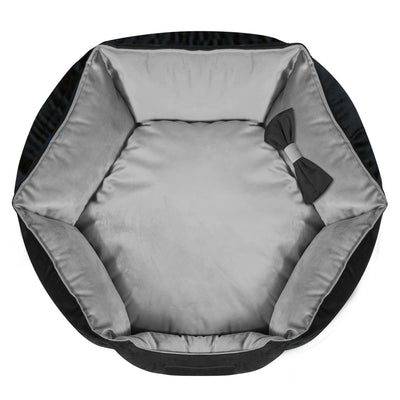 Cama de veludo para cães KingDog Prestige Cama para animais de estimação com capa removível e base antiderrapante Cesta para cães Cama de veludo hexagonal (diâmetro: 50 cm, preto/cinza)