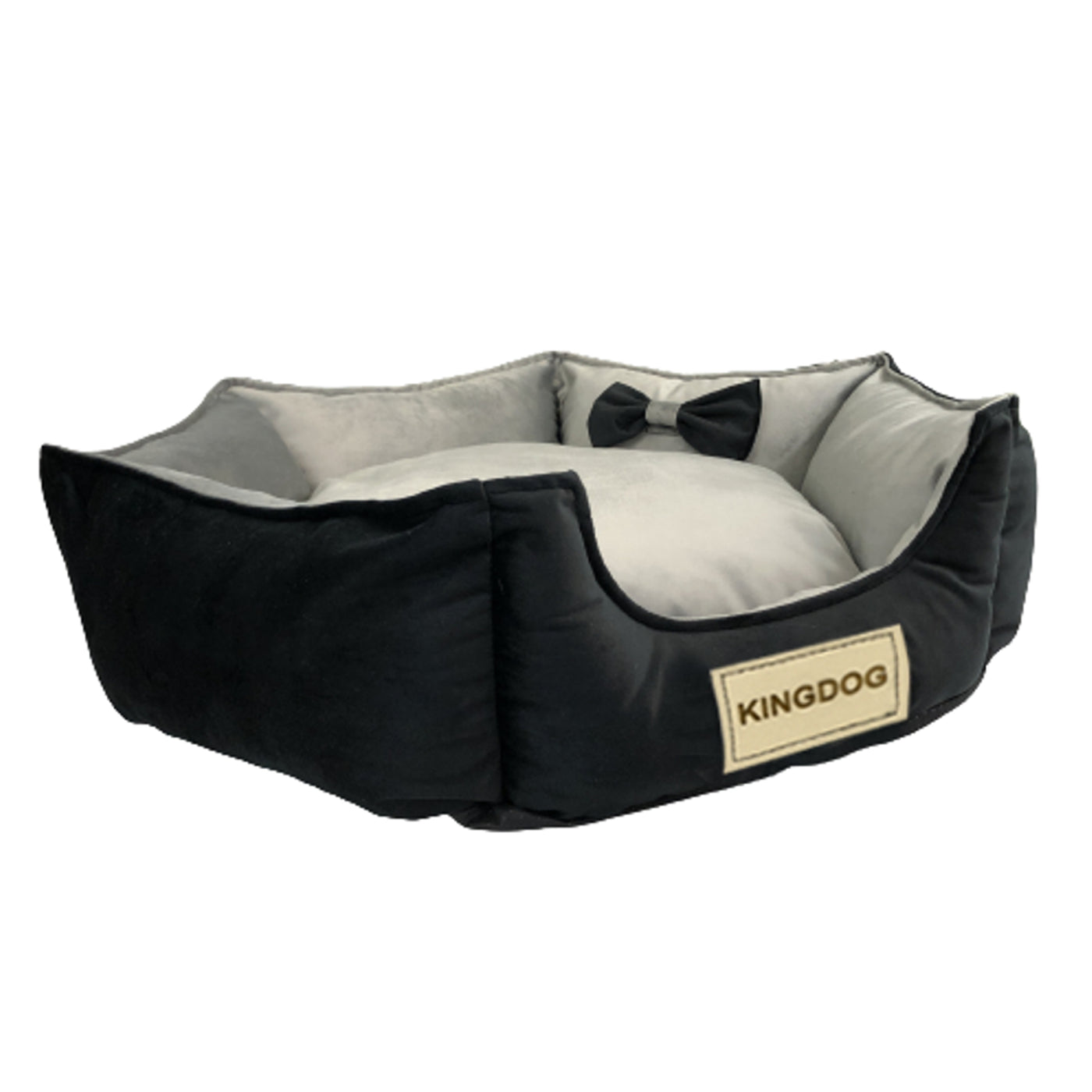 Cama de veludo para cães KingDog Prestige Cama para animais de estimação com capa removível e base antiderrapante Cesta para cães Cama de veludo hexagonal (diâmetro: 50 cm, preto/cinza)