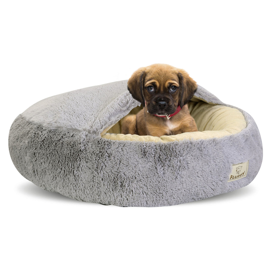 KingDog Shaggy Fluffy Cama para Perros Gatos Mascotas con Capucha Cama Cubierta Shaggy Hair 18 mm Relleno de Silicona Gris Claro (Diametro: 50 cm)