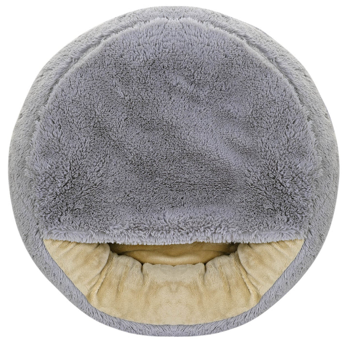 KingDog Shaggy Fluffy Cama para Perros Gatos Mascotas con Capucha Cama Cubierta Shaggy Hair 18 mm Relleno de Silicona Gris Claro (Diametro: 50 cm)