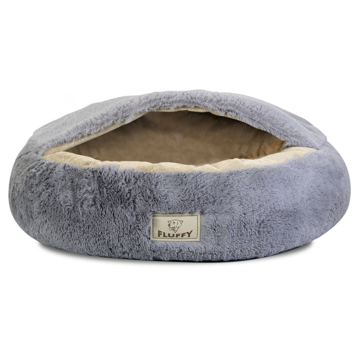 KingDog Shaggy Fluffy Cama para Perros Gatos Mascotas con Capucha Cama Cubierta Shaggy Hair 18 mm Relleno de Silicona Gris Claro (Diametro: 50 cm)