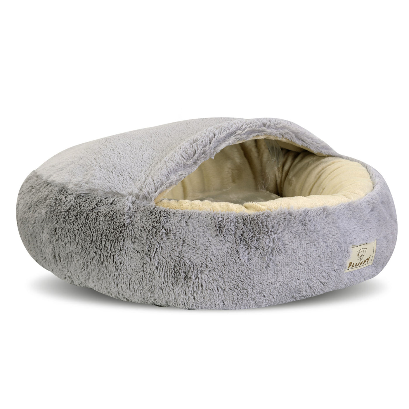 KingDog Shaggy Fluffy Cama para Perros Gatos Mascotas con Capucha Cama Cubierta Shaggy Hair 18 mm Relleno de Silicona Gris Claro (Diametro: 50 cm)