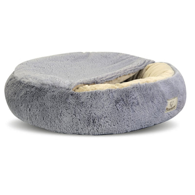 KingDog Shaggy Fluffy Cama para Perros Gatos Mascotas con Capucha Cama Cubierta Shaggy Hair 18 mm Relleno de Silicona Gris Claro (Diametro: 60 cm)