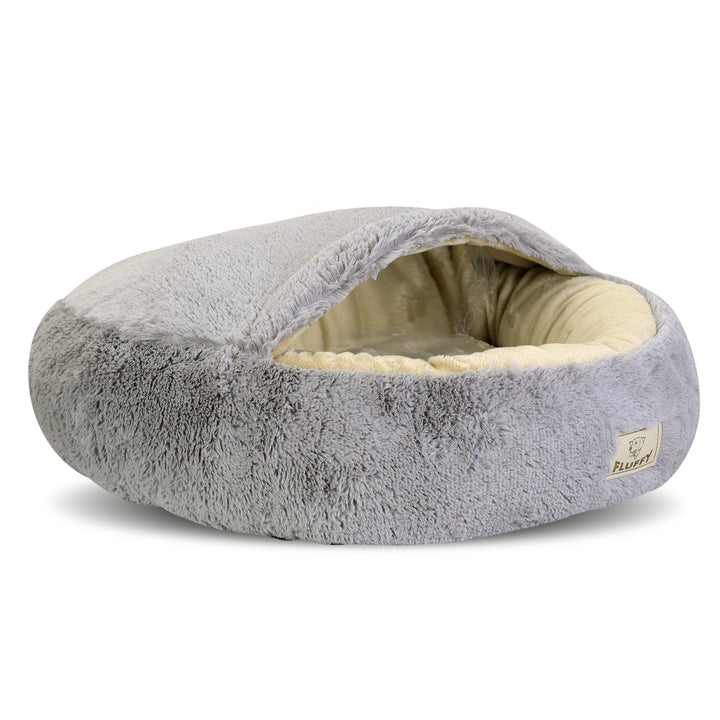 KingDog Shaggy Fluffy Cama para Perros Gatos Mascotas con Capucha Cama Cubierta Shaggy Hair 18 mm Relleno de Silicona Gris Claro (Diametro: 70 cm)