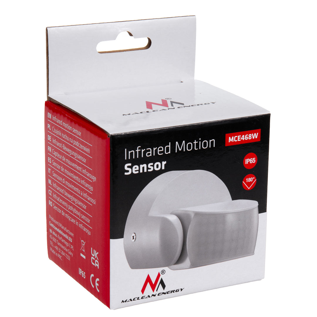 Maclean MCE468 W Detector de Movimiento PIR, Infrarrojos, IP65, Blanco, Alcance 12 m, Carga máx. 600/1200 W