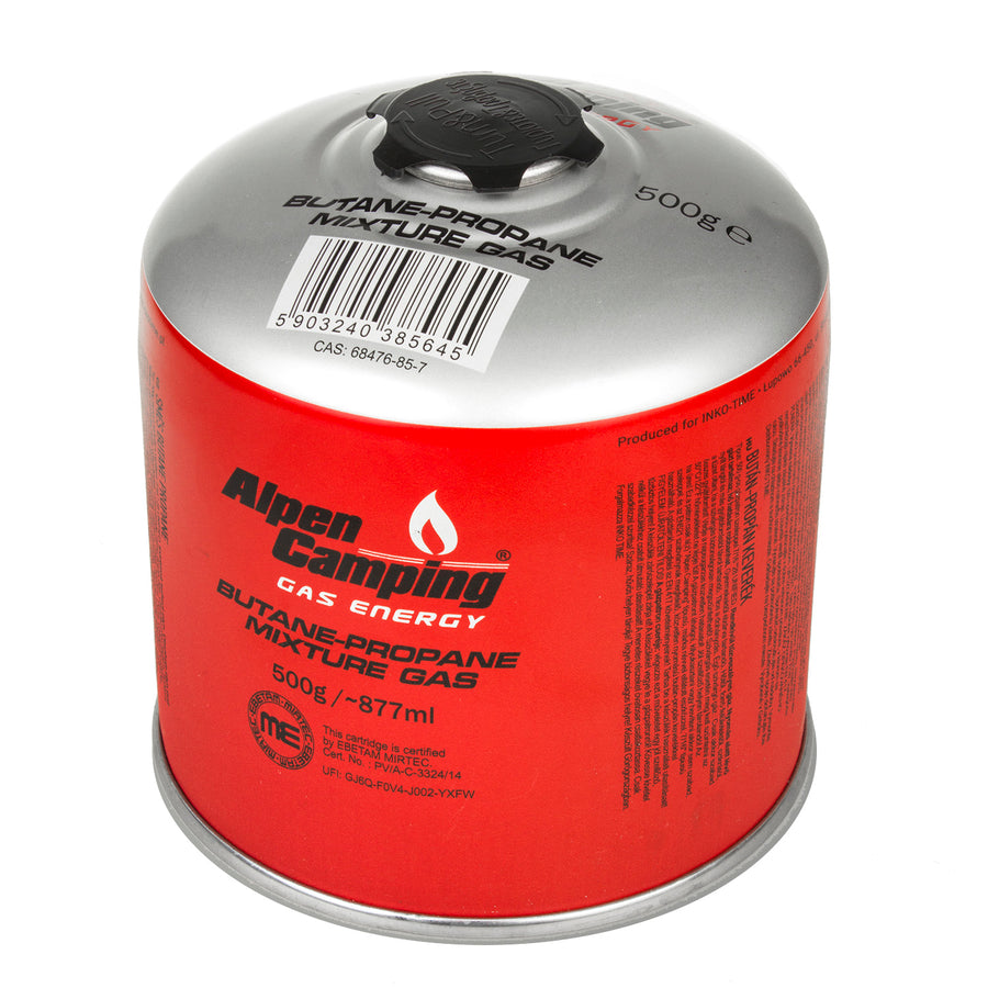 3x cartucho de gás Alpen Camping 500g. Certificado: Pi 0437, em conformidade com EN417, propano-butano, faixa -10°ca + 40°c, válvula 7/16" IK008