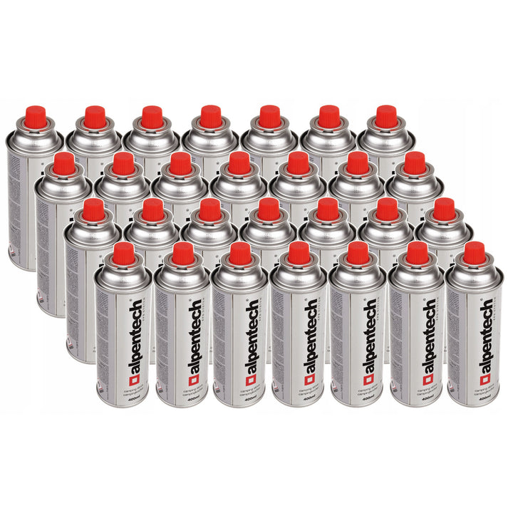 28x cartucho de gás Alpentech 400ml, certificação: Pi 0875, em conformidade com EN417, isobutano, faixa de operação -10°ca + 40°c, IK300