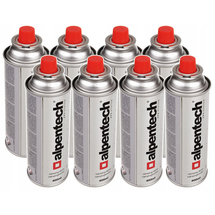 8x cartucho de gás Alpentech 400ml, certificação: Pi 0875, em conformidade com EN417, isobutano, faixa de operação -10°ca + 40°c, IK300