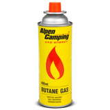 8 cartuchos de gás Alpen Camping de 400 ml. Certificado: PI 0875, em conformidade com a norma EN417, isobutano, intervalo de funcionamento de -10°C a +40°C, IK004