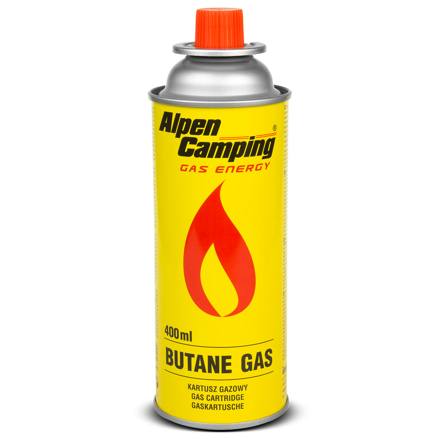 8 cartuchos de gás Alpen Camping de 400 ml. Certificado: PI 0875, em conformidade com a norma EN417, isobutano, intervalo de funcionamento de -10°C a +40°C, IK004