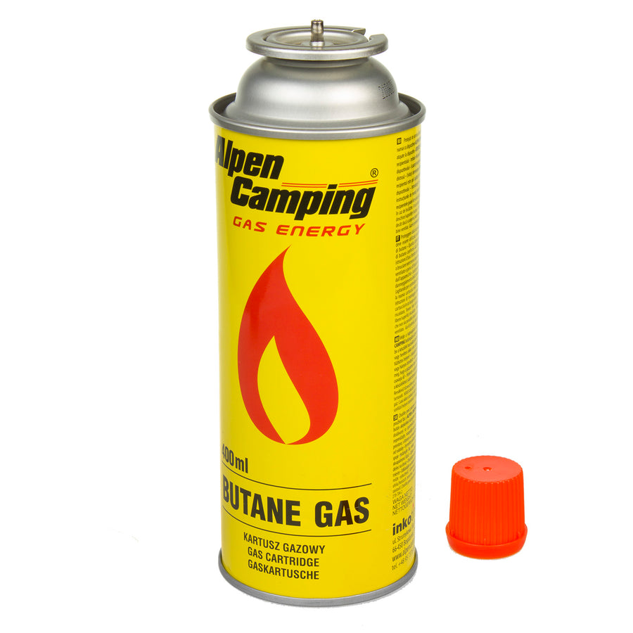 8 cartuchos de gás Alpen Camping de 400 ml. Certificado: PI 0875, em conformidade com a norma EN417, isobutano, intervalo de funcionamento de -10°C a +40°C, IK004