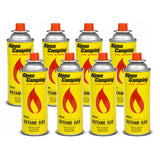 8 cartuchos de gás Alpen Camping de 400 ml. Certificado: PI 0875, em conformidade com a norma EN417, isobutano, intervalo de funcionamento de -10°C a +40°C, IK004