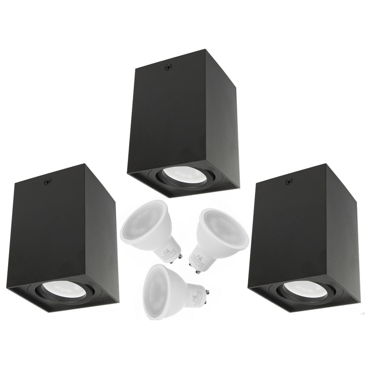 3x Maclean tubo / luminaria de superficie, spot, cuadrada, aluminio, GU10, 80x80x115mm, negro, MCE426 B + 3x bombilla LED 5W